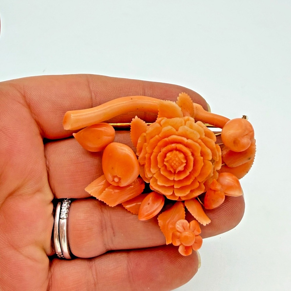 Antique Victorian Gold Angel Skin Coral Floral Bouquet Brooch C Clasp Dangle - Picture 8 of 16